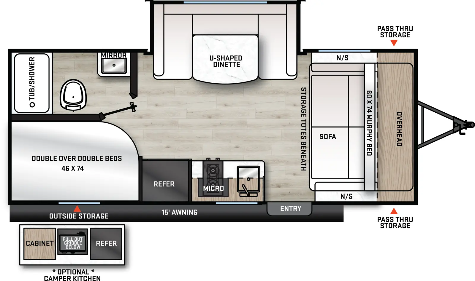 The 18BHS has 1 slide out on the off-door side and 1 entry door. Exterior features include outside storage on door side, optional camper kitchen on the door side, 15 foot awning, and front pass through storage. Interior features from front to back include: front murphy bed that fold out into a 60x74 bed, front overhead cabinets, night stands on each side of the bed, U-shaped dinette in the slide out, kitchen on the door side with refrigerator, microwave, stovetop, single basin sink and overhead cabinet; double over double 46 x 74 bunk beds in the rear door side corner; bathroom with tub/shower, toiler, sink and medicine cabinet in the rear off-door side.